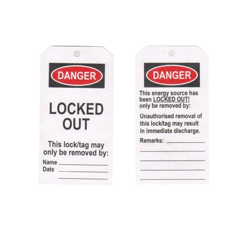 Lockout tagout tag reading Locked Out